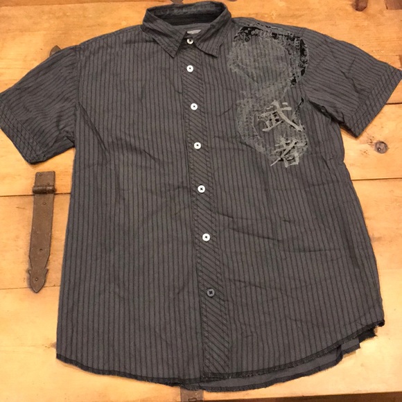 Black and grey stripped boy’s button down shirt. - Picture 1 of 3